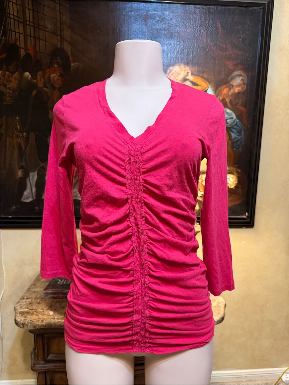 XCVI Hot Pink Ruched V-Neck Long Sleeve Top